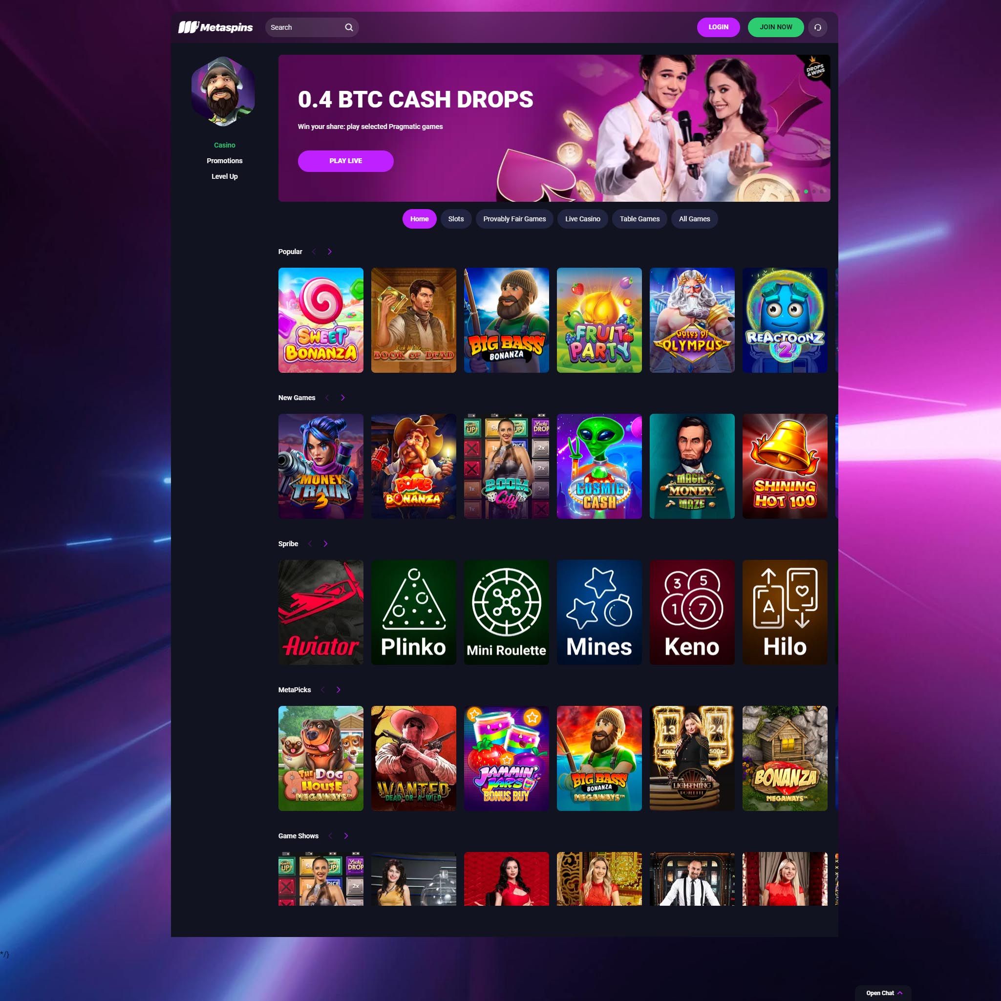 Metaspins Casino full games catalogue