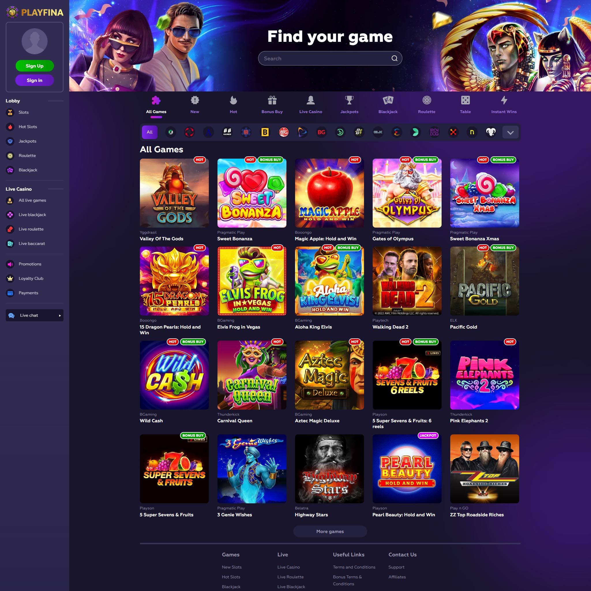 Playfina Casino full games catalogue