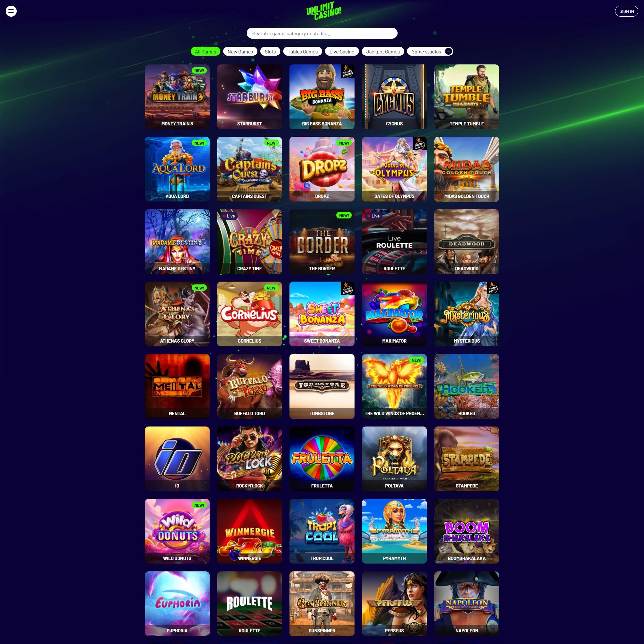 Unlimit Casino full games catalogue