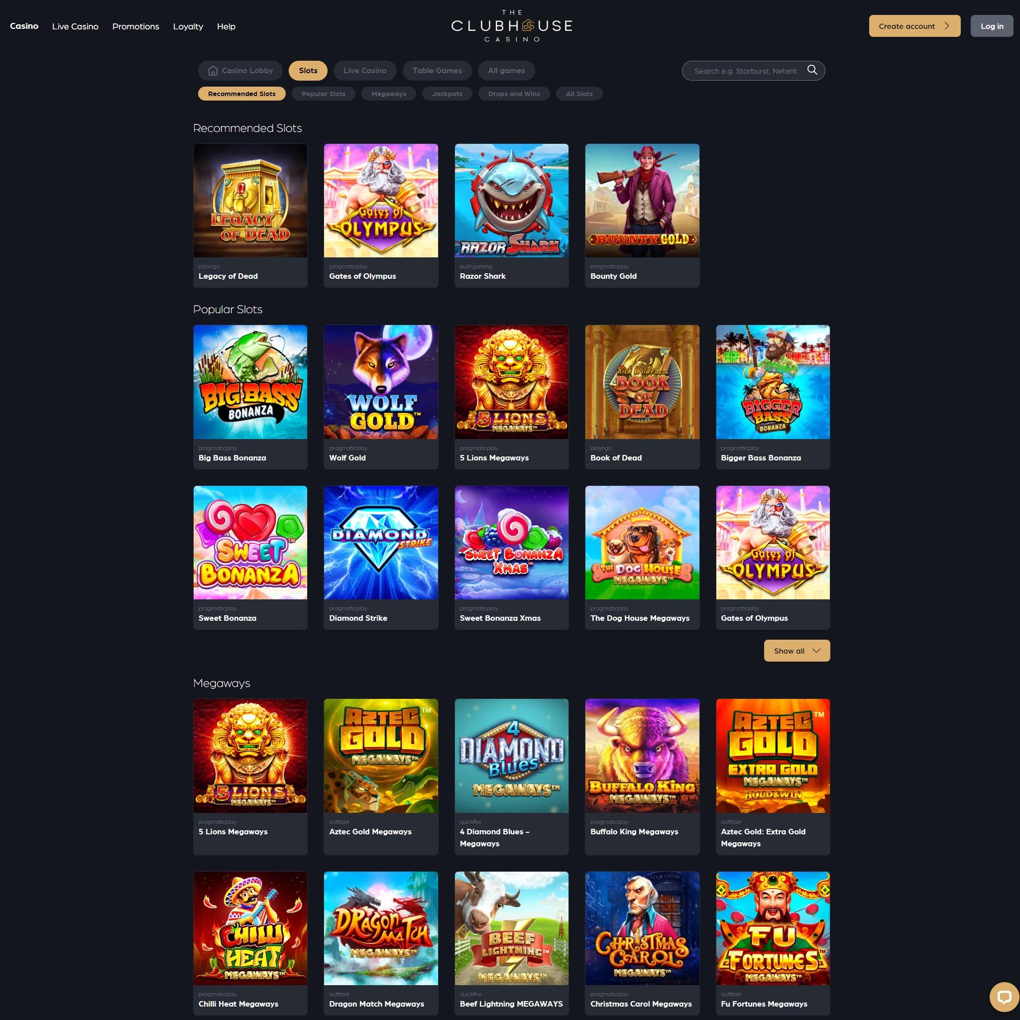 The Clubhouse Casino full games catalogue
