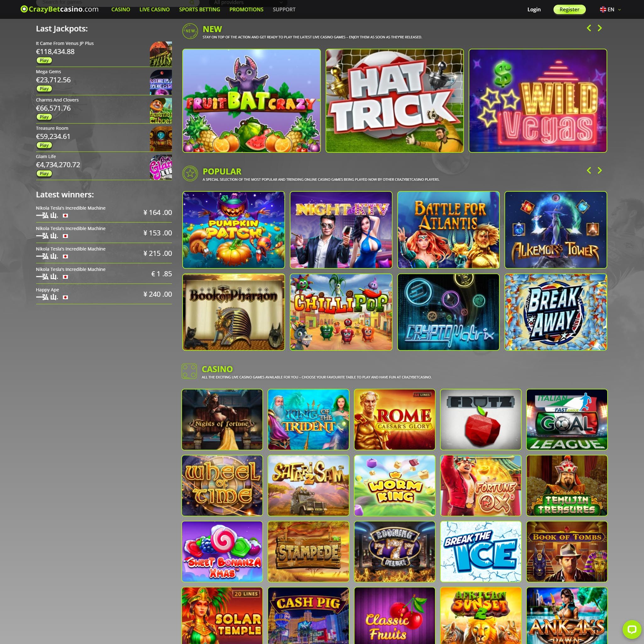 CrazyBet Casino full games catalogue