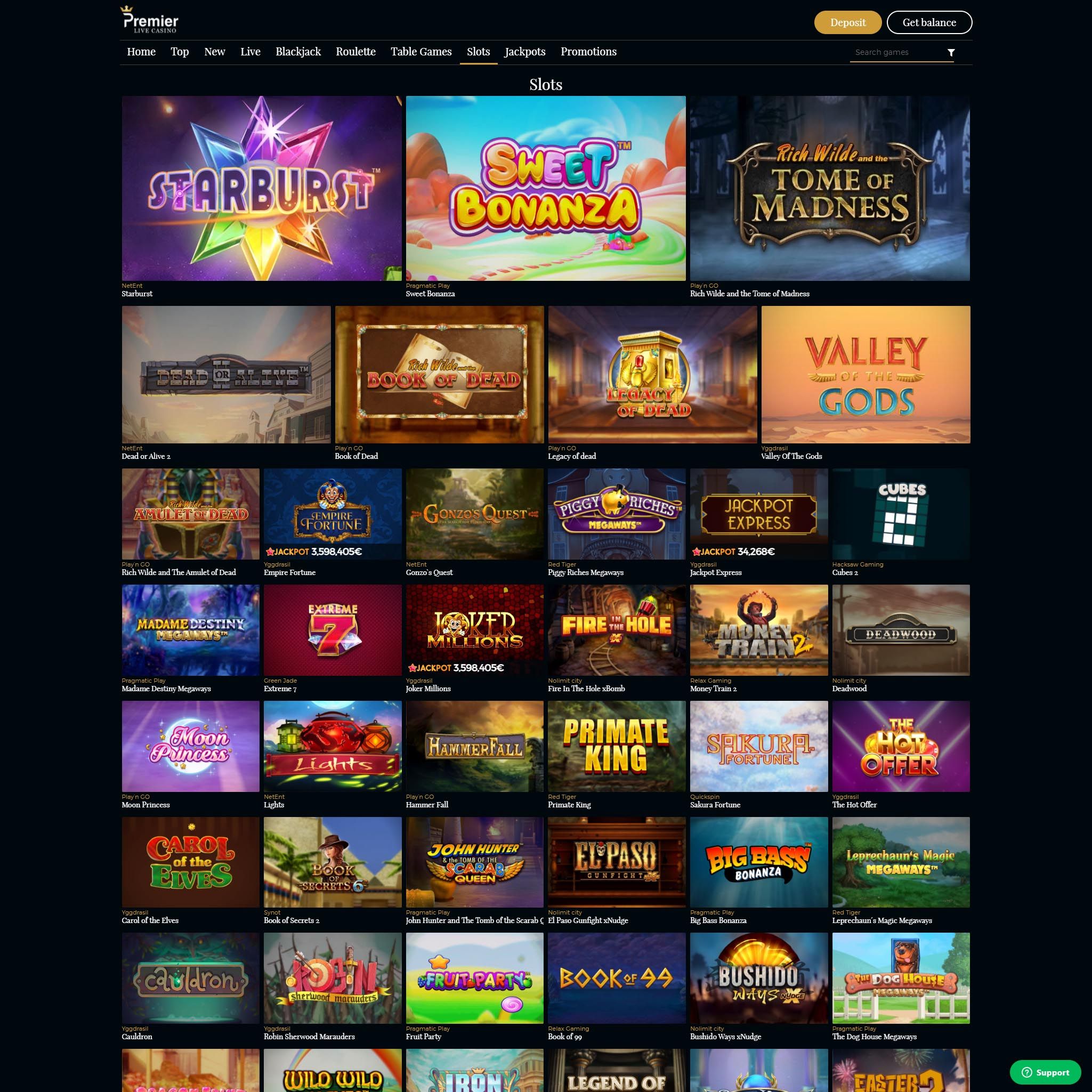 Premier Live Casino full games catalogue