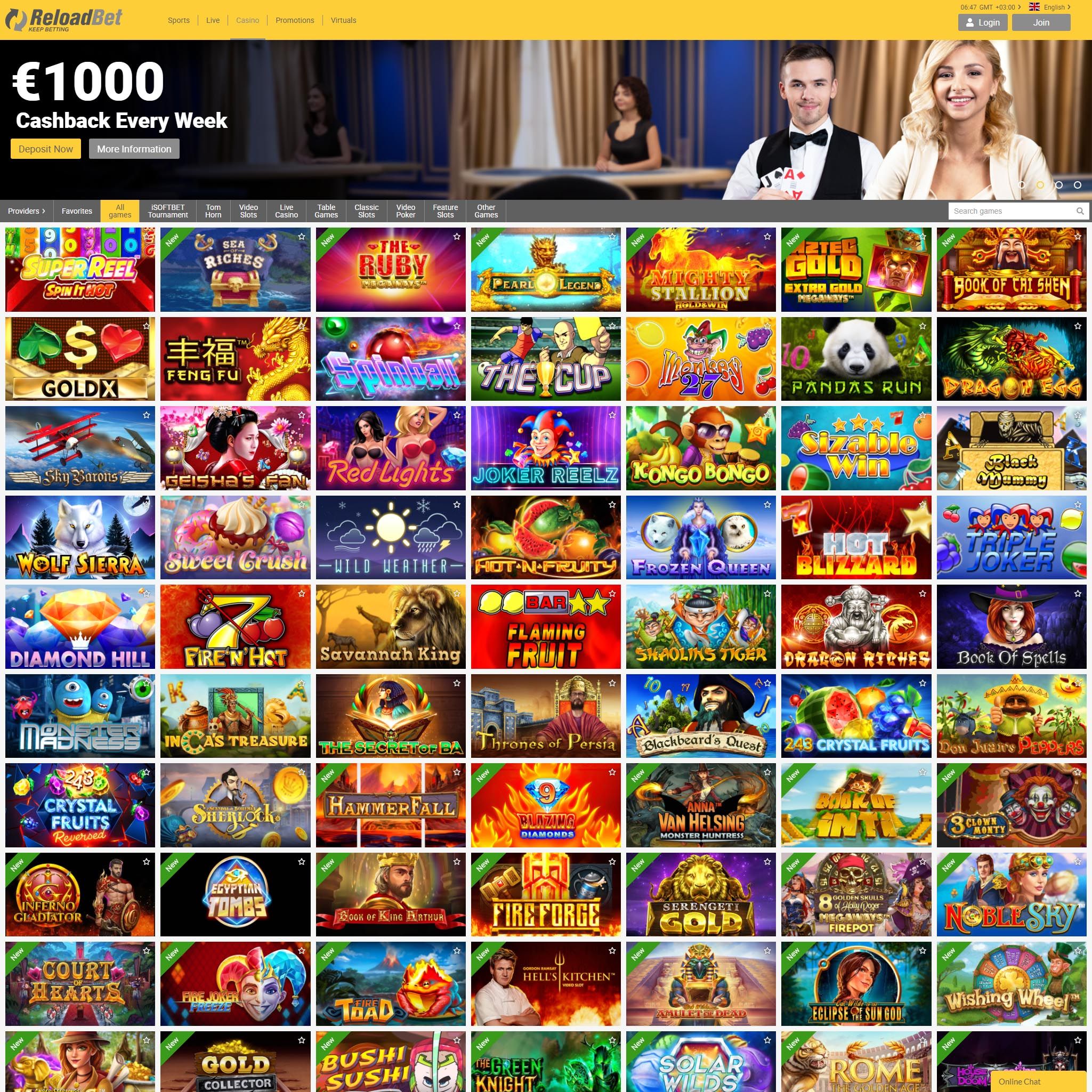 Find ReloadBet Casino game catalog