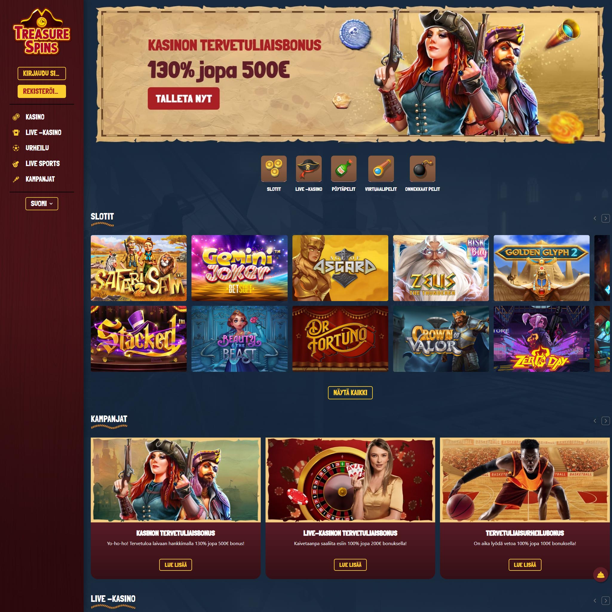 Suomalaiset nettikasinot tarjoavat monia hyötyjä pelaajille. TreasureSpins Casino on suosittelemamme nettikasino, jolle voit lunastaa bonuksia ja muita etuja.