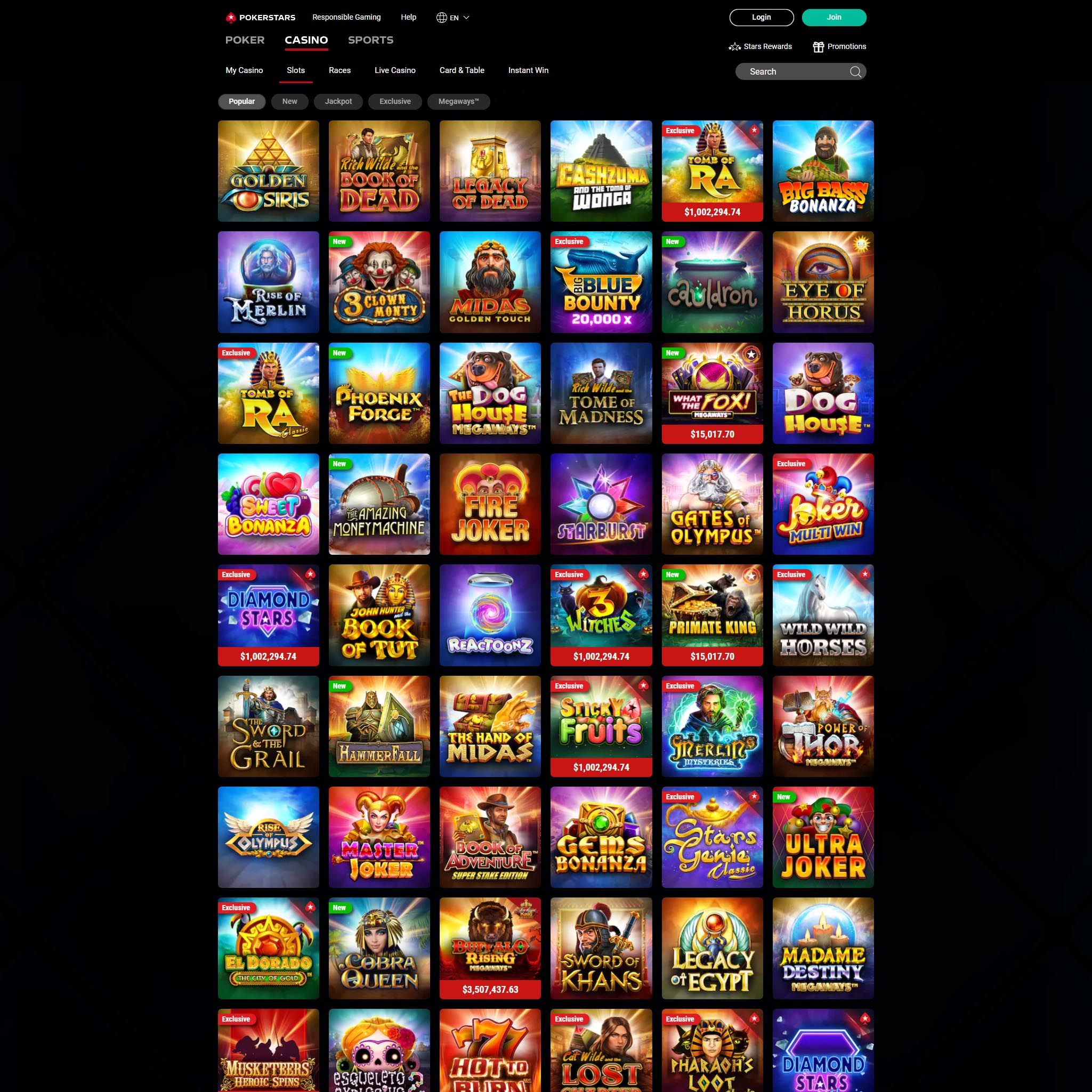 Pokerstars Casino full games catalogue