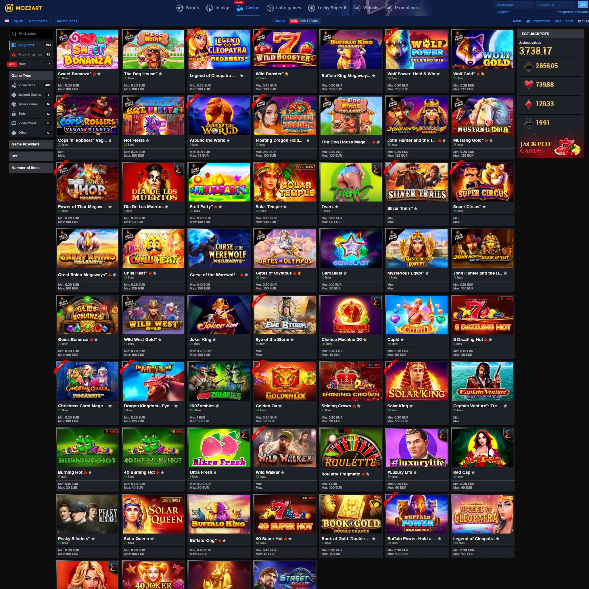 Find Mozzart Casino game catalog