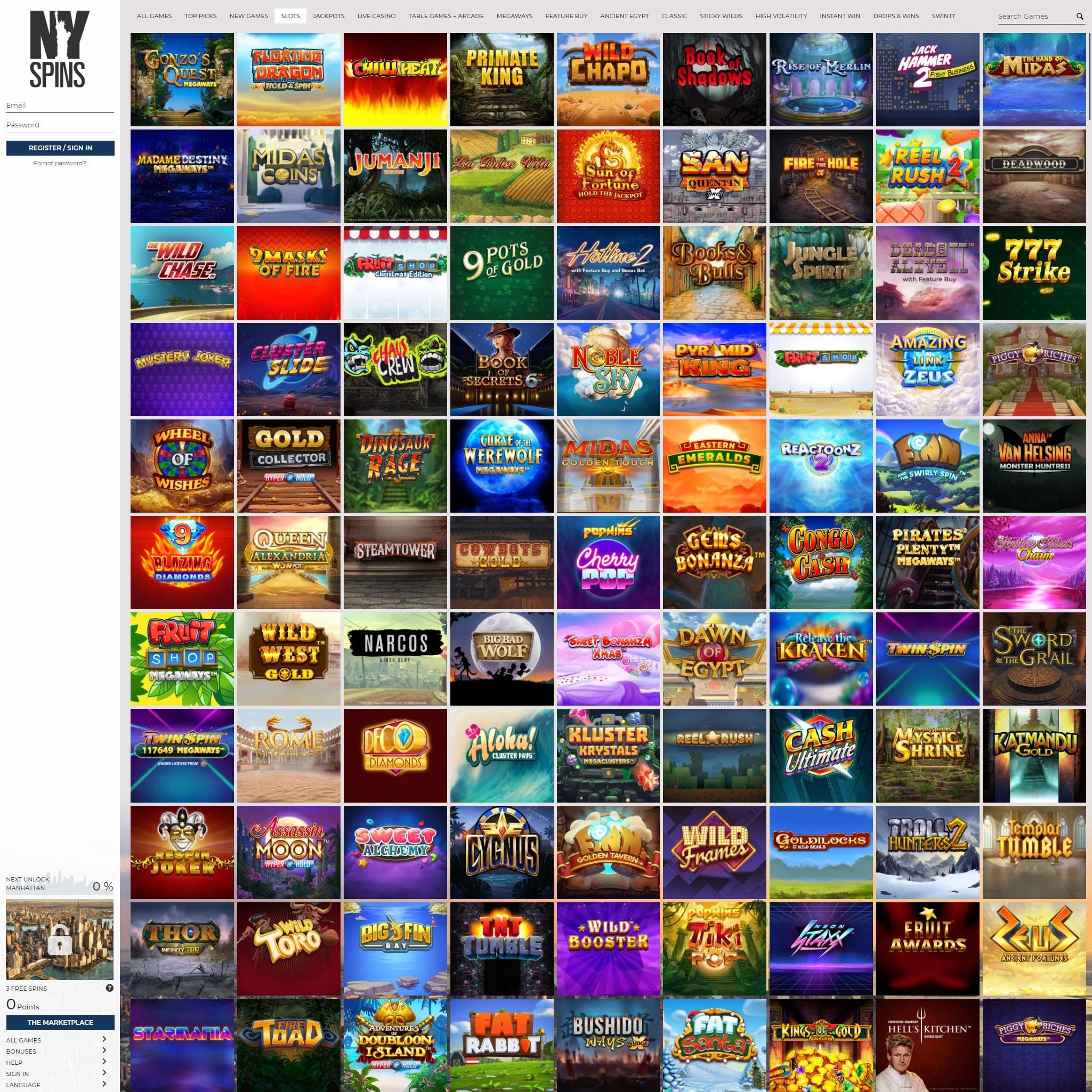 NYspins full games catalogue