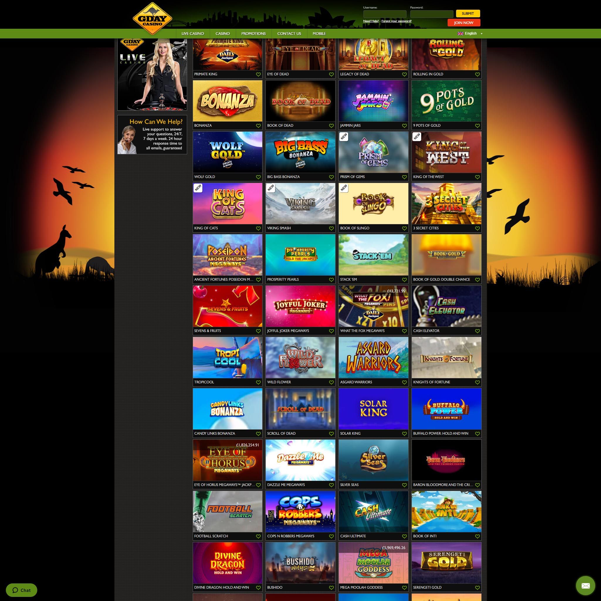 Find GDay Casino game catalog