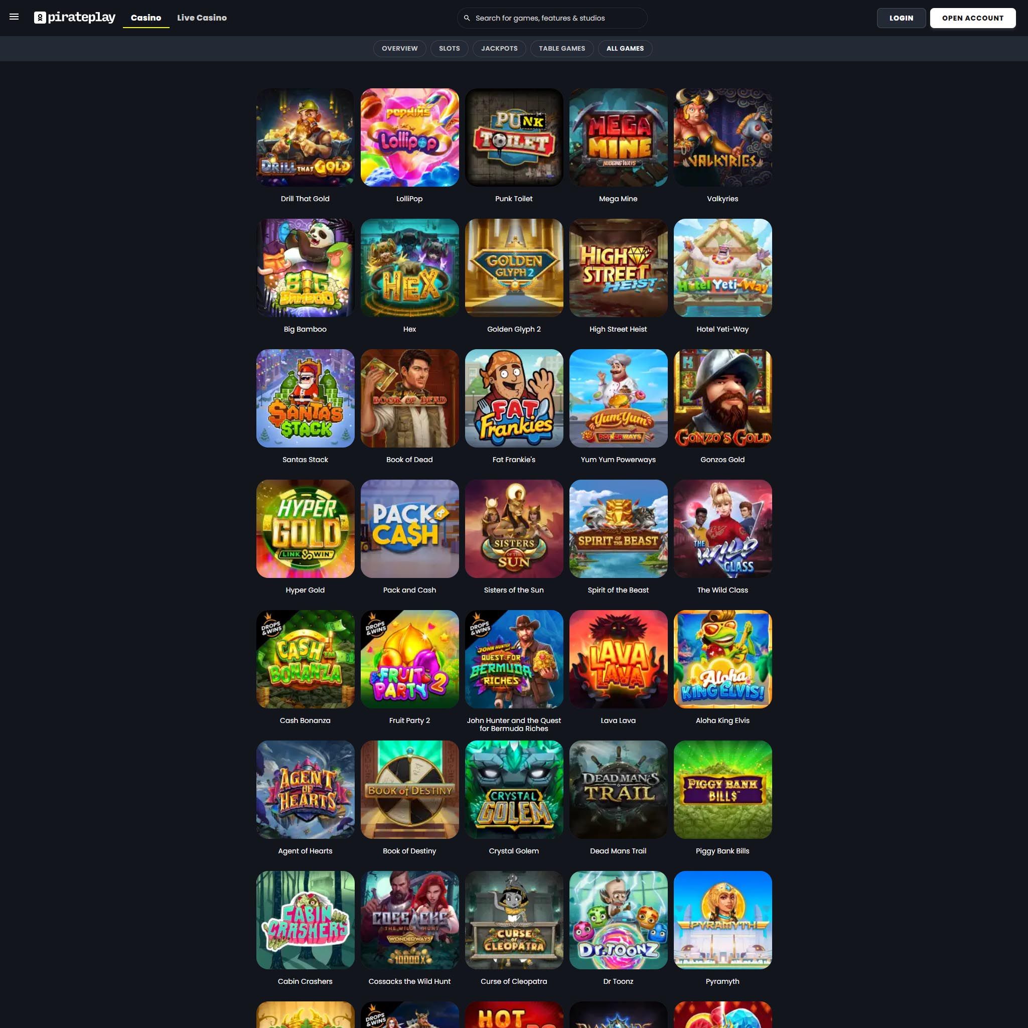 Pirateplay Casino full games catalogue