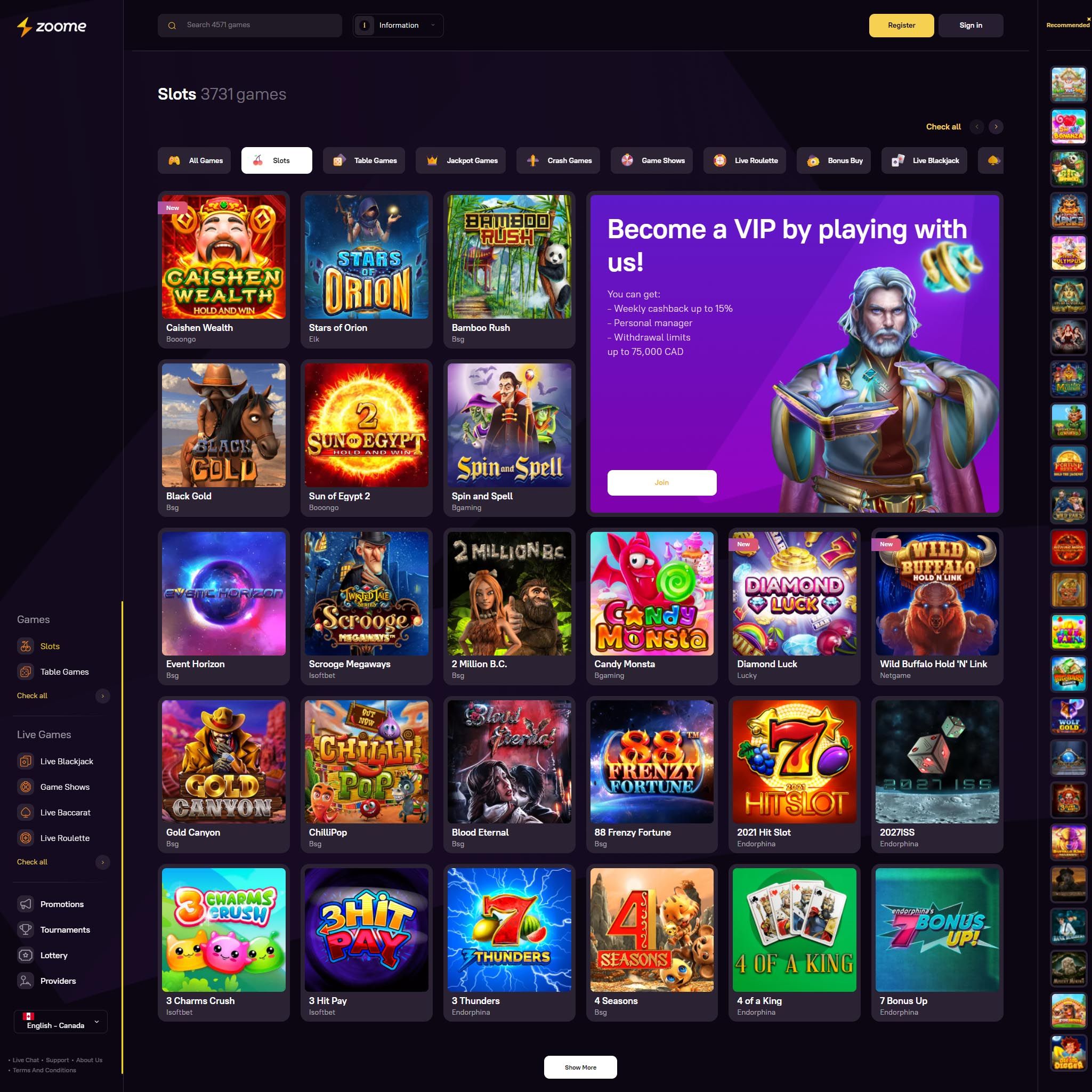 Zoome Casino full games catalogue