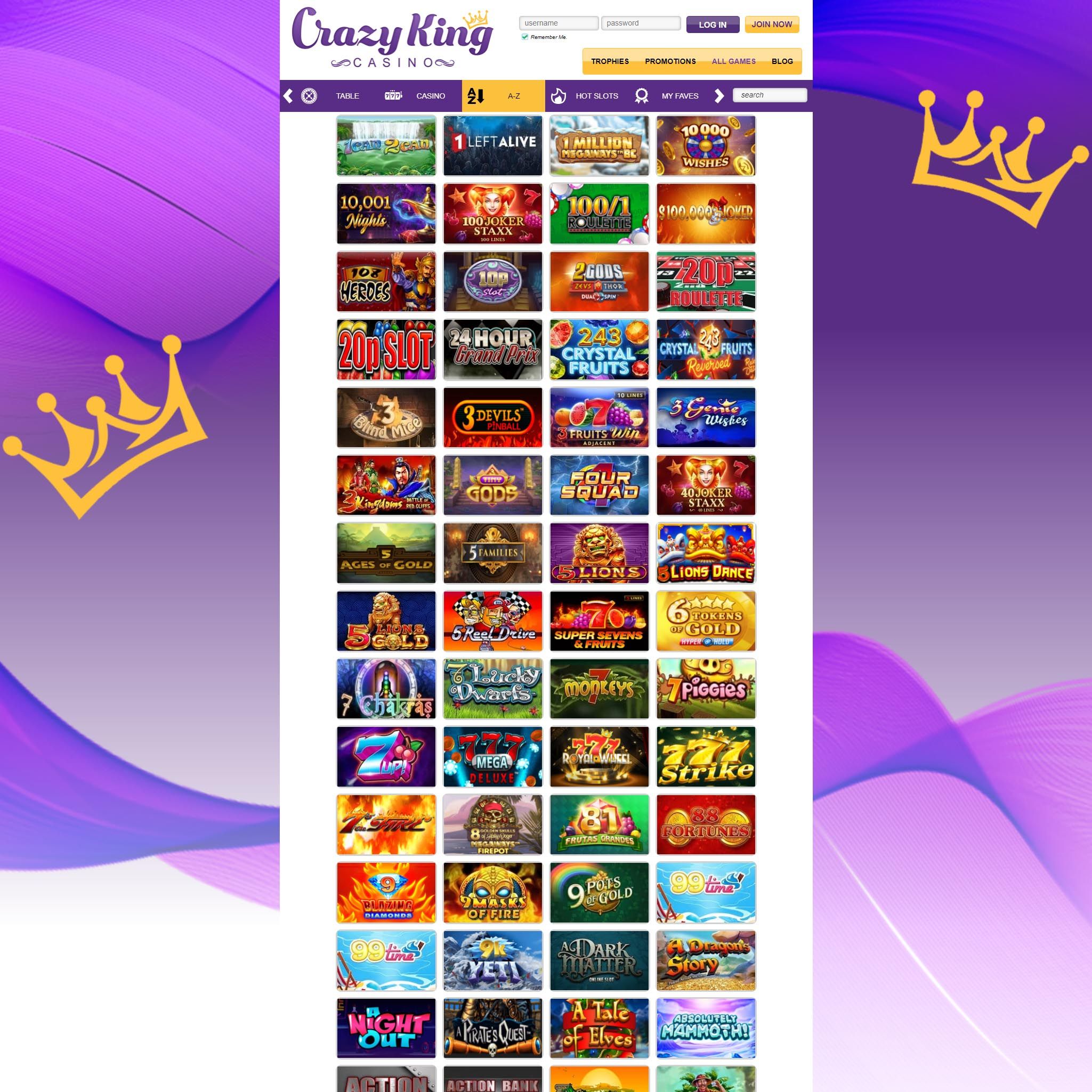 Crazy King Casino full games catalogue