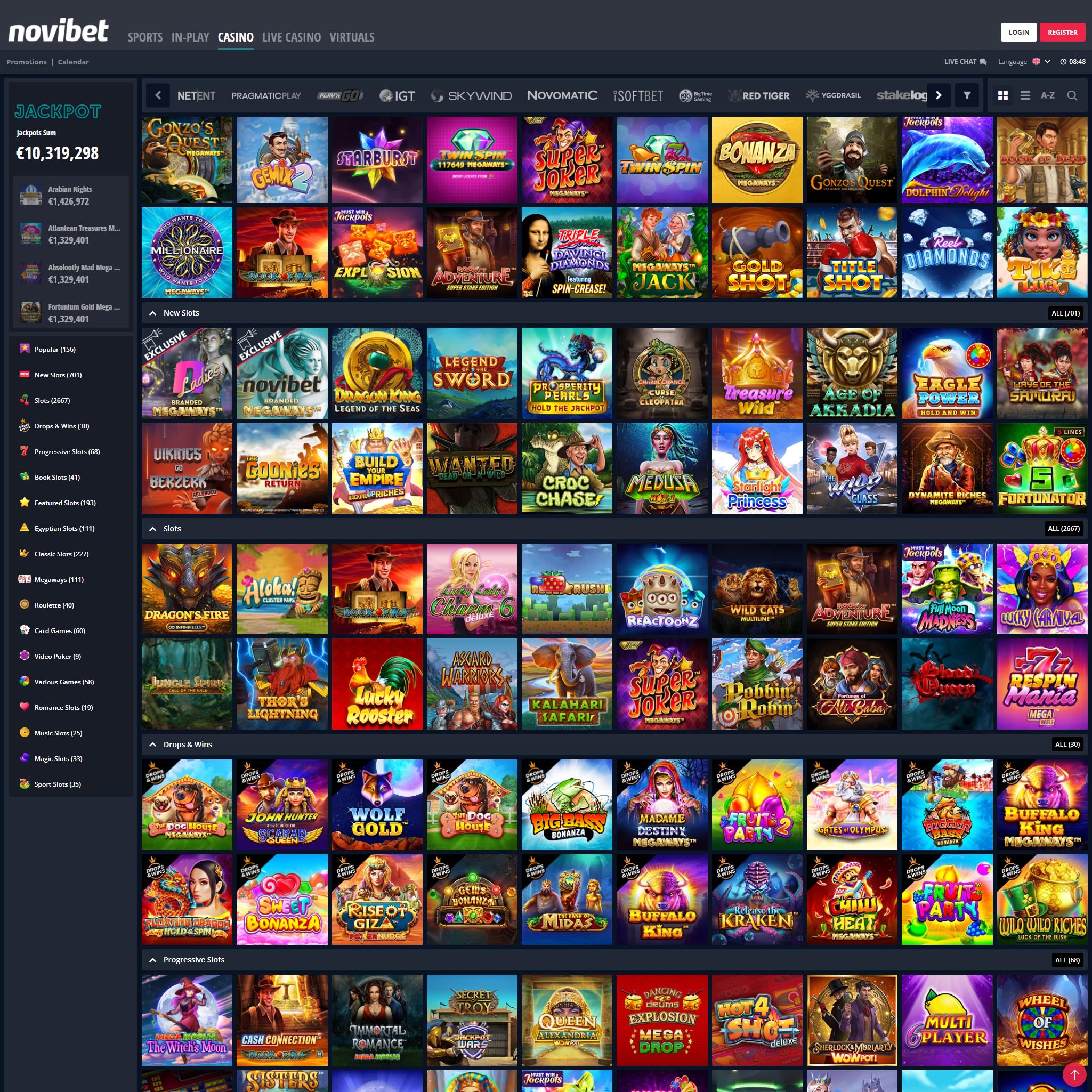 Find Novibet game catalog