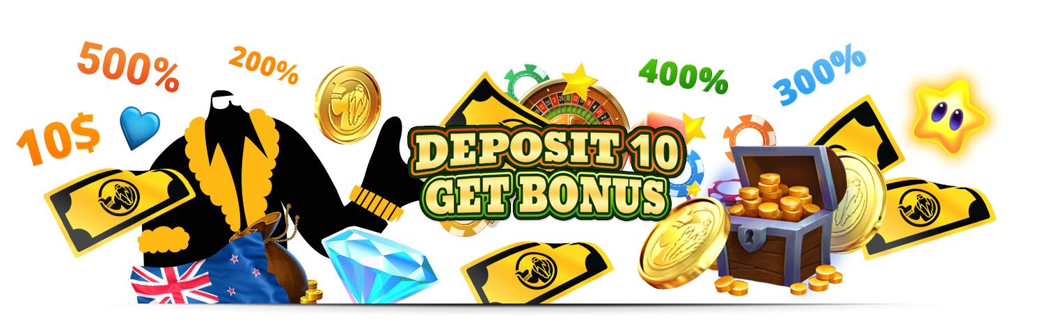 Deposit $10 and claim a casino bonus NZ to get more action on your favourite casino games. Make a low deposit of 10 to get a bonus of 40, 50, 60, or even 80.