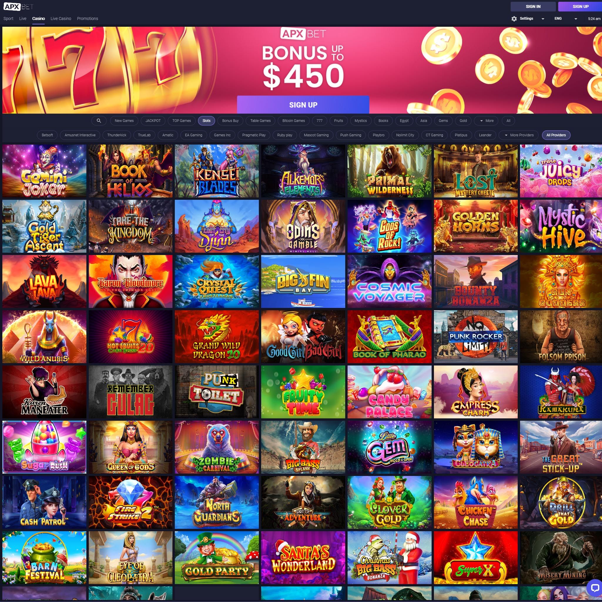 ApxBet Casino full games catalogue