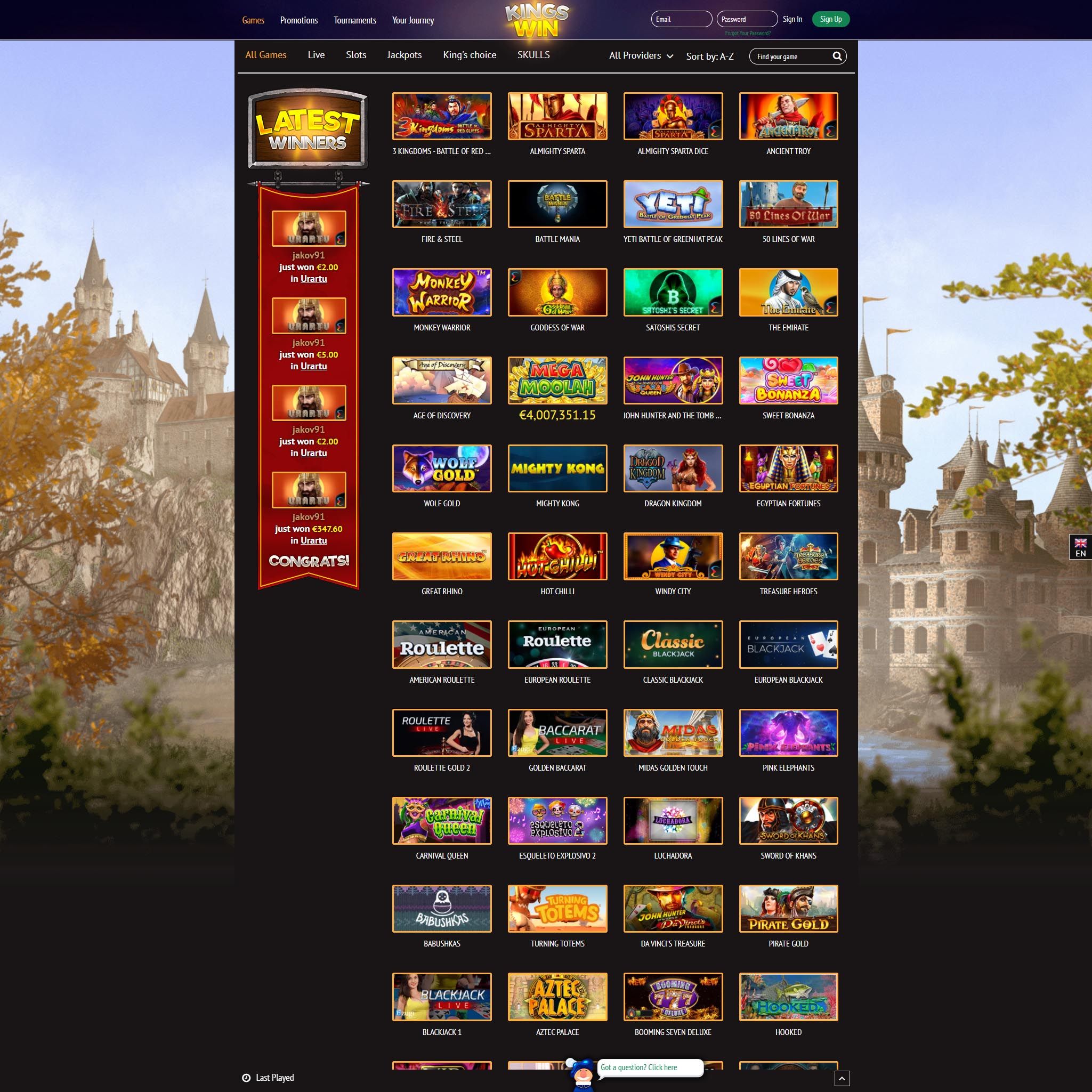 Kingswin Casino full games catalogue