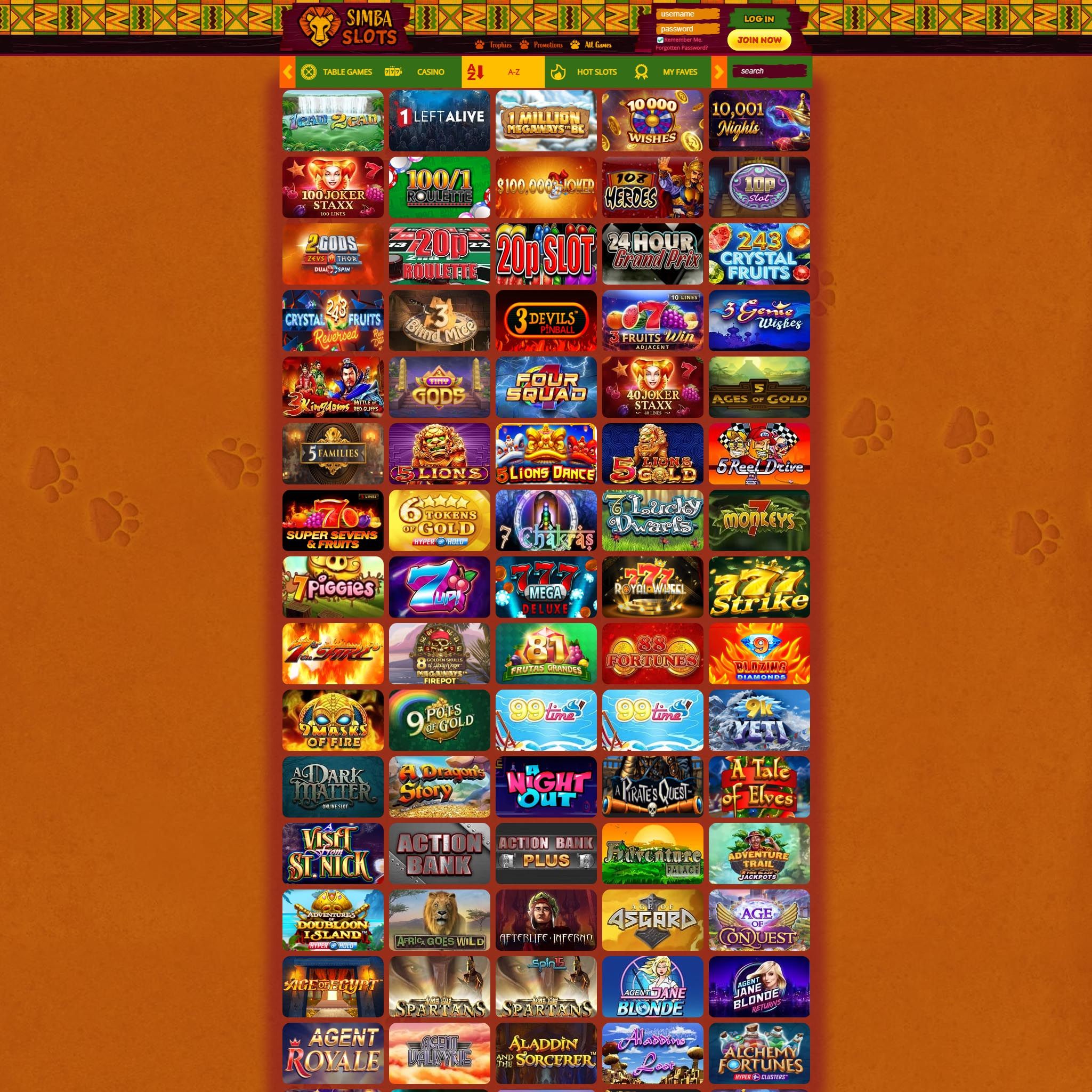 Find Simba Slots Casino game catalog