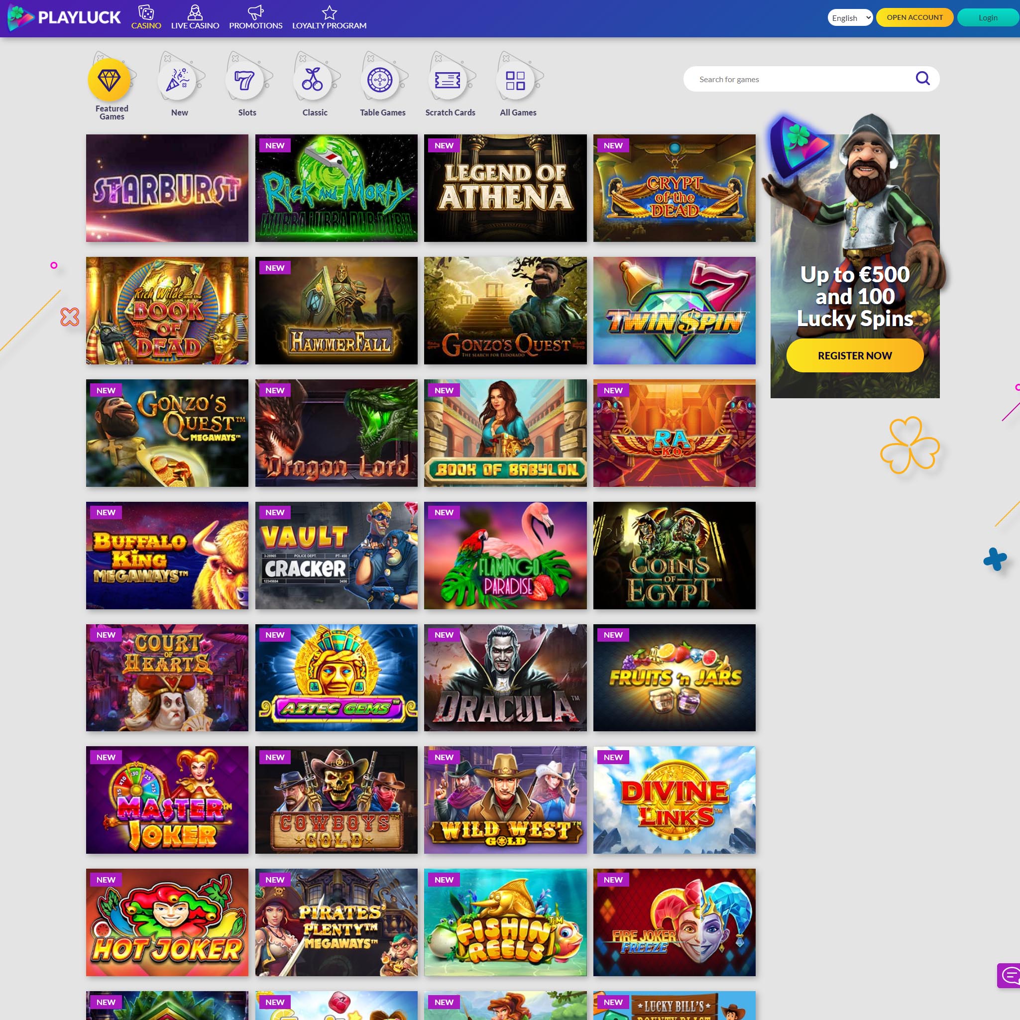 Find PlayLuck Casino game catalog