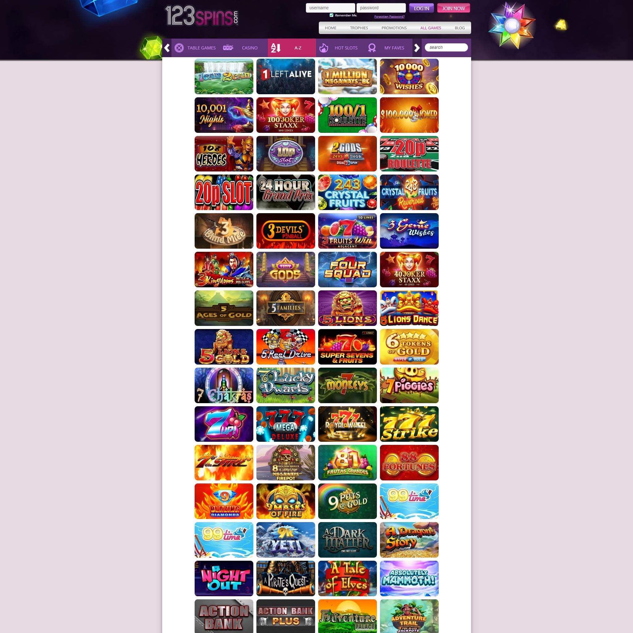 123spins Casino full games catalogue
