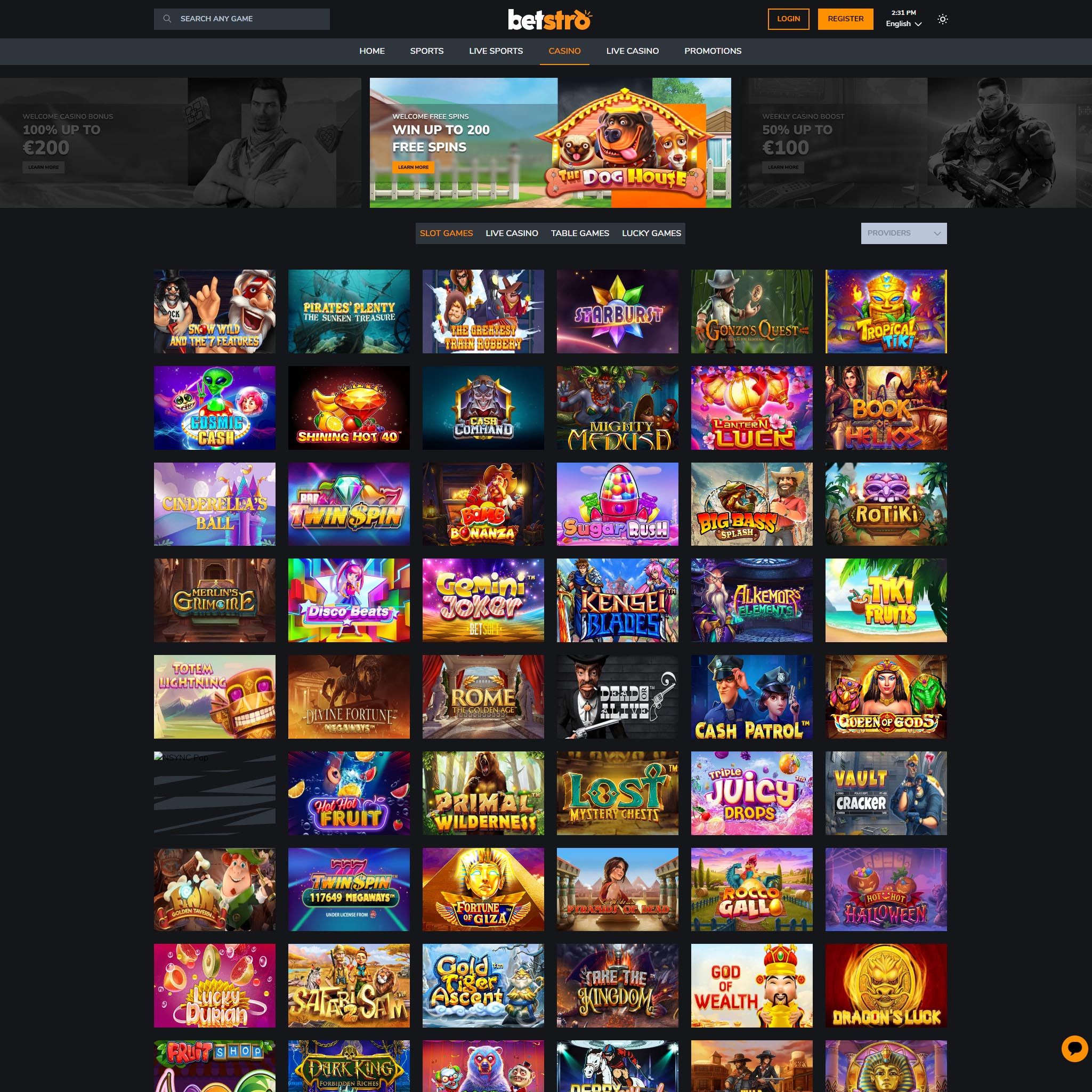 Find Betstro Casino game catalog
