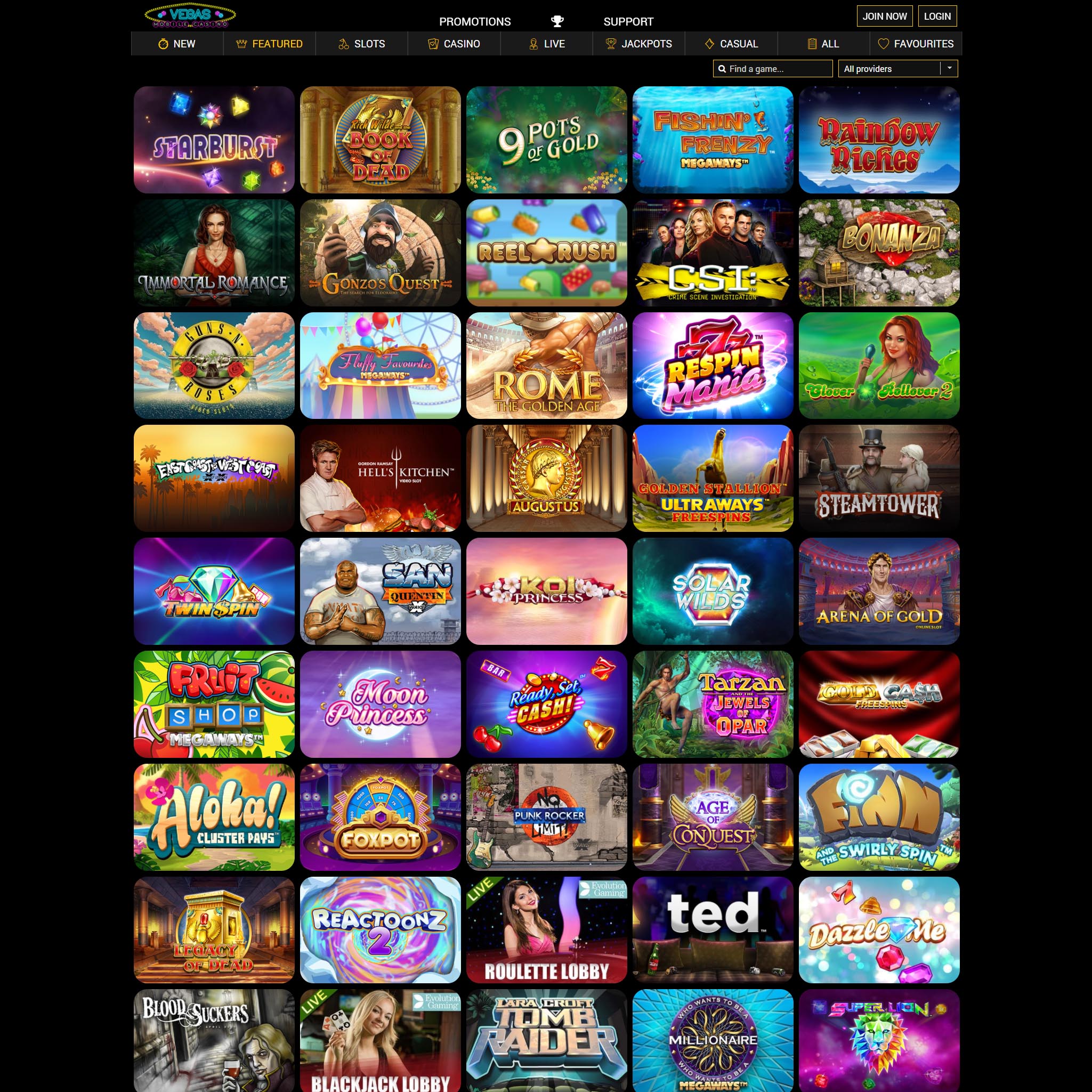 Vegas Mobile Casino full games catalogue