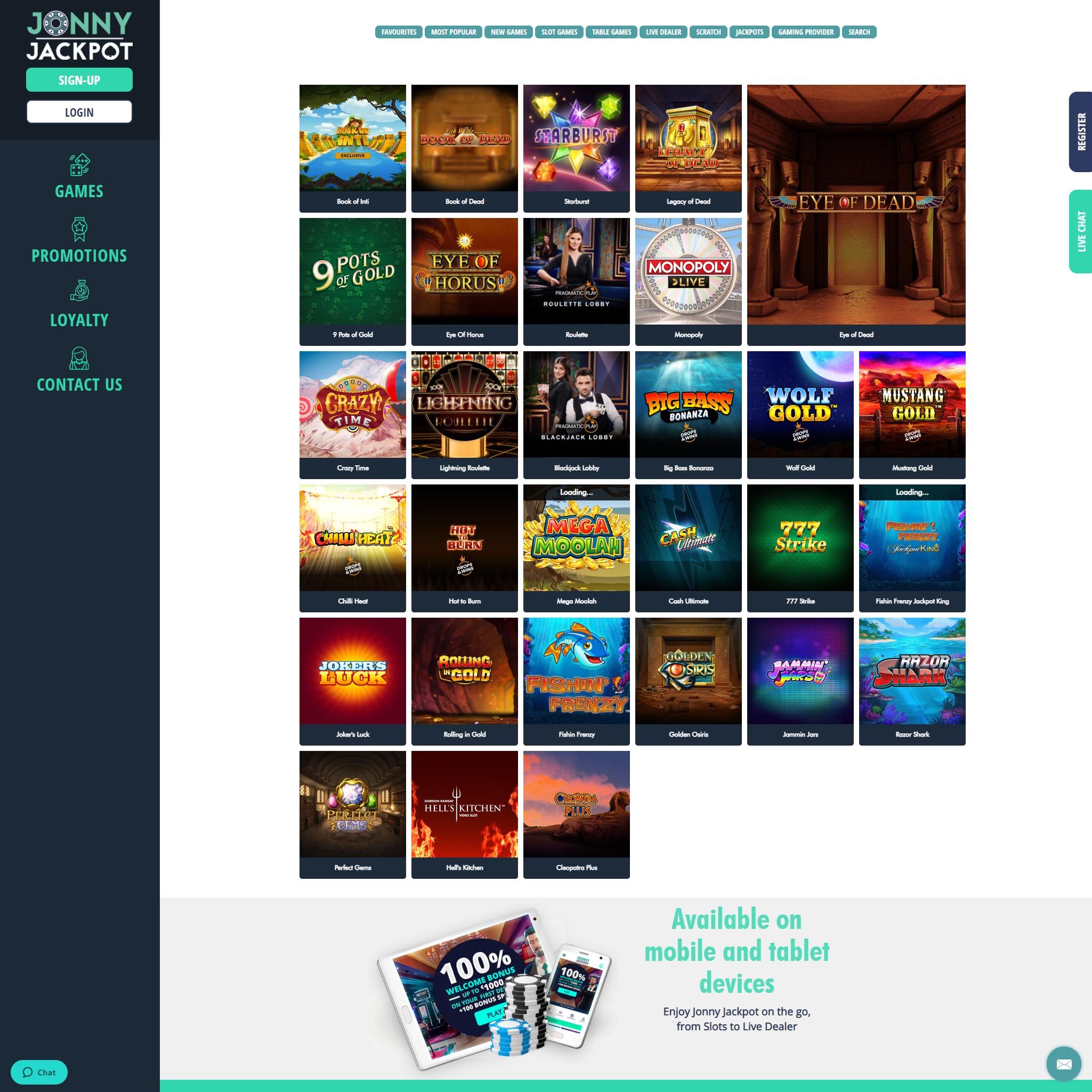 Jonny Jackpot Casino full games catalogue
