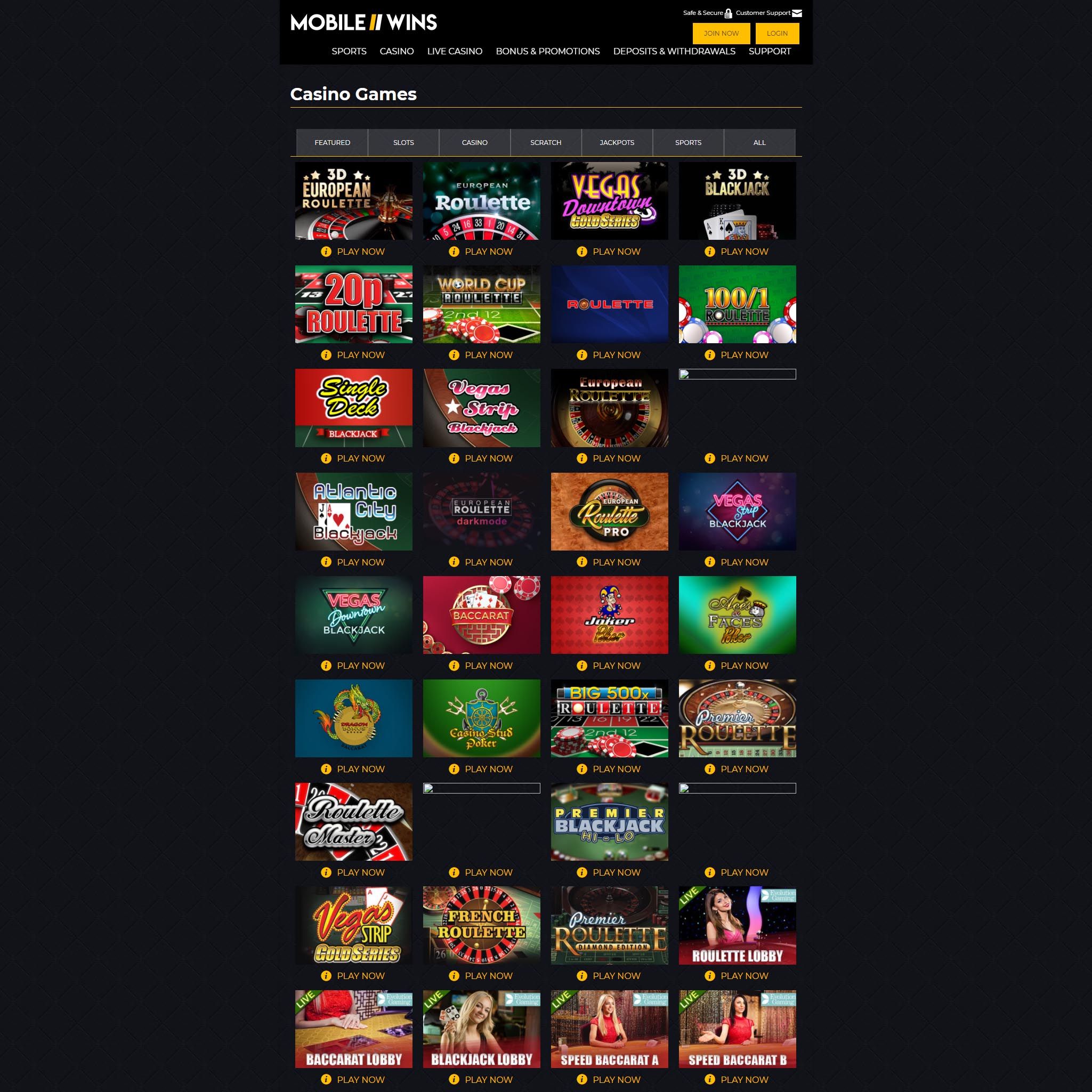 Find Mobile Wins Casino game catalog