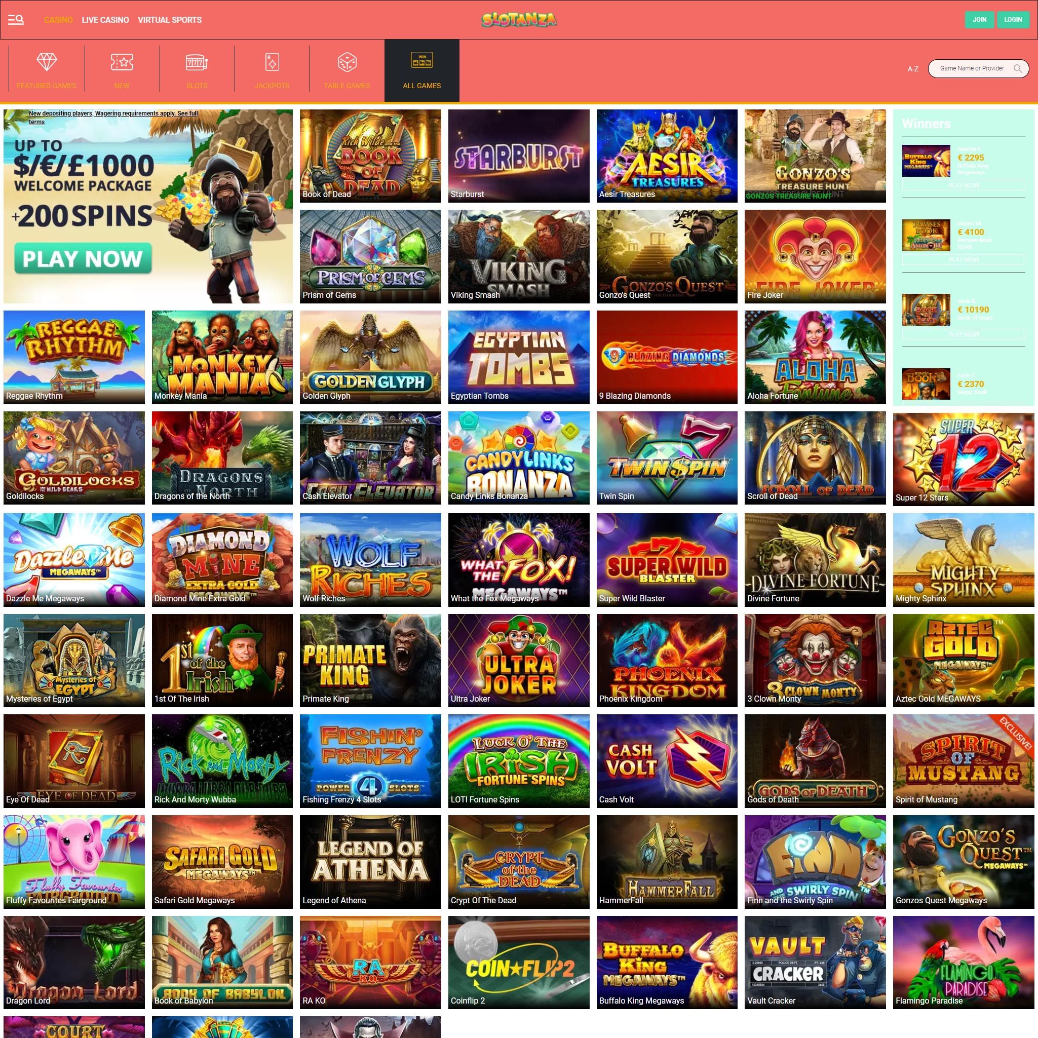 Find Slotanza Casino game catalog