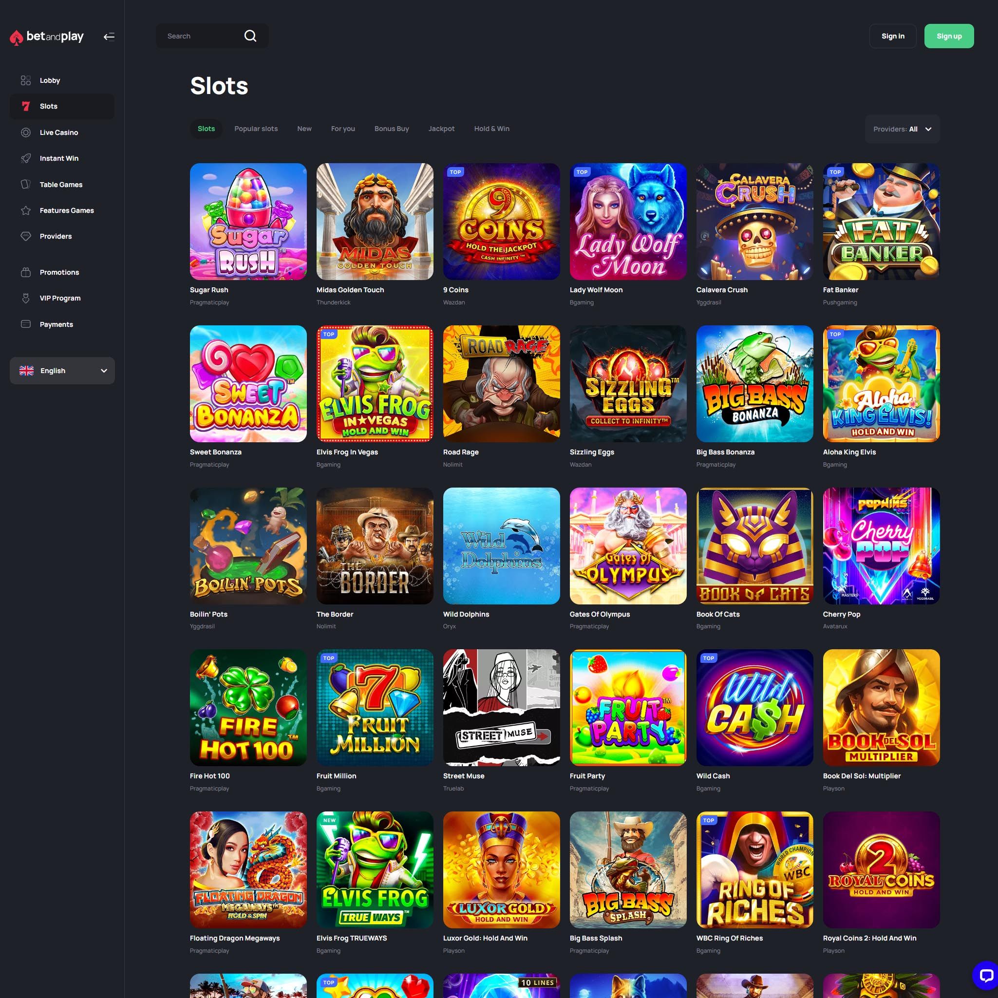 BetandPlay Casino full games catalogue