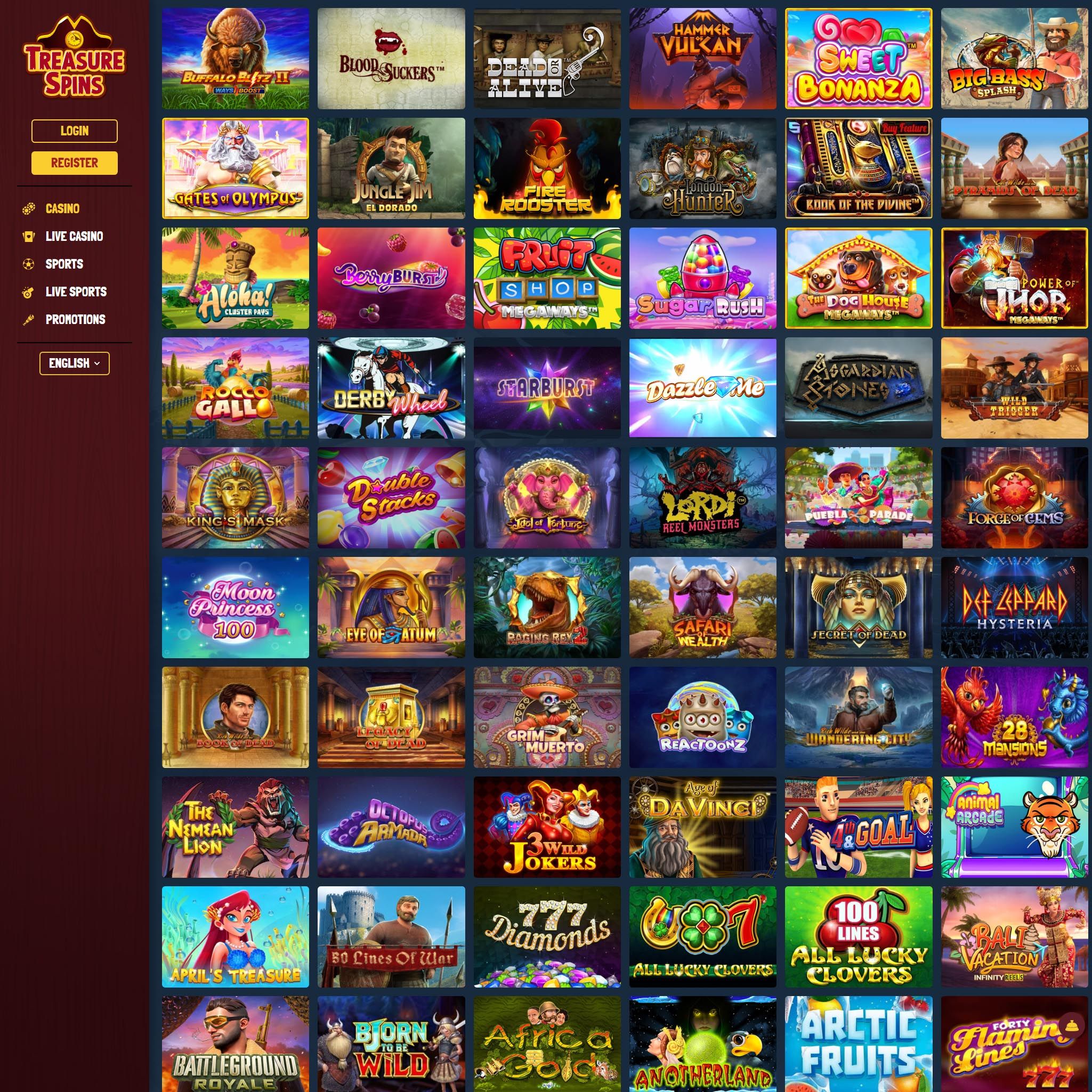 Find TreasureSpins Casino game catalog