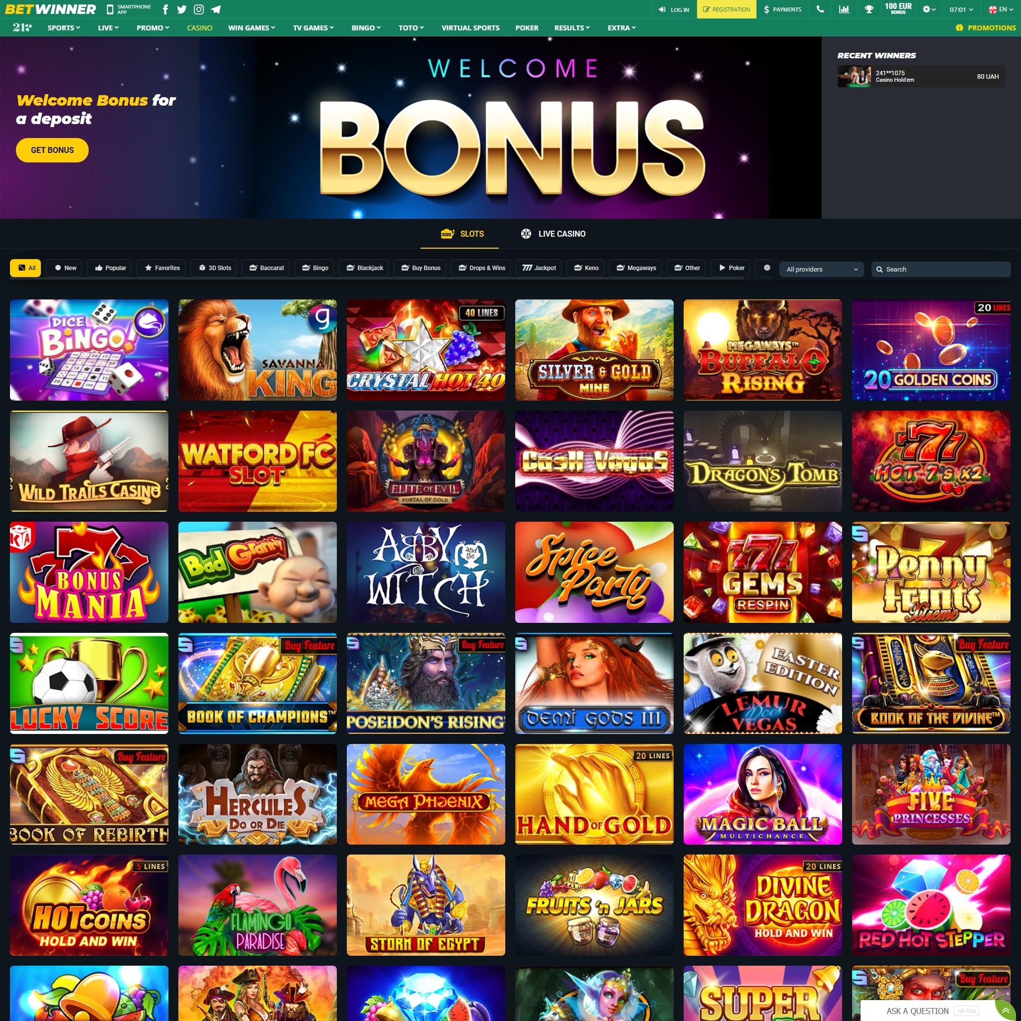 Find Betwinner Casino game catalog